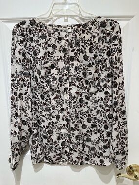 EUC LOFT White Floral Button-Front Blouse with Black & Brown Print